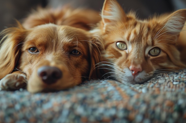 Perro y gato acostados en un sofá