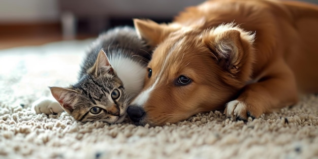 El perro y el gato se acuestan en la alfombra.