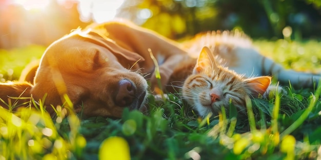 El perro y el gato se acuestan en la hierba.