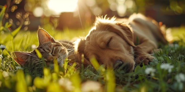 El perro y el gato se acuestan en la hierba.