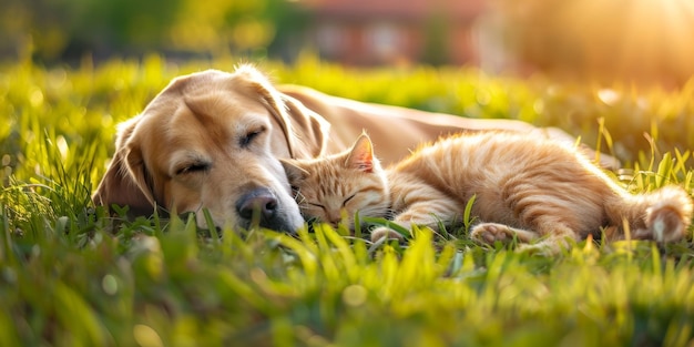 El perro y el gato se acuestan en la hierba.