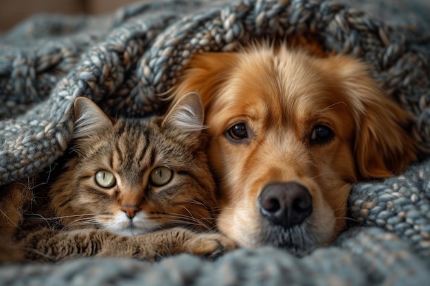 Un perro y un gato se acuestan juntos bajo una manta cálida en casa Amistad de mascotas