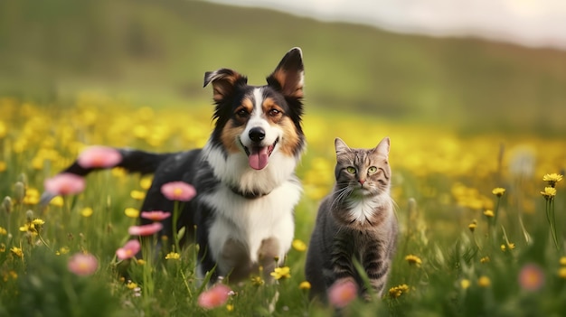 Un perro y un gato en un campo de flores.