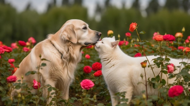 Un perro y un gato en un campo de rosas.