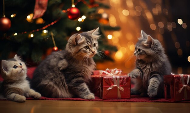 Perro y gato celebrando Navidad cerca del árbol de Navidad