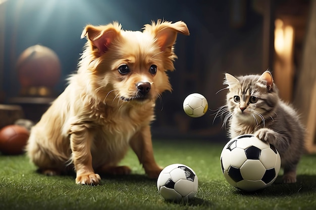 Un perro y un gato de colores están jugando con fútbol generado por AI