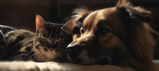 Un perro y un gato descansan en un sofá.