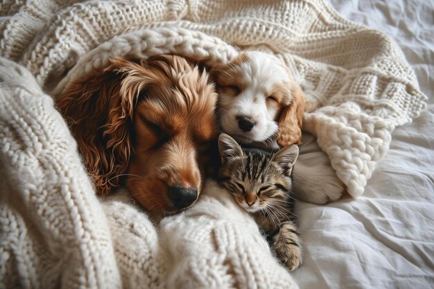 un perro y un gato durmiendo juntos en una cama