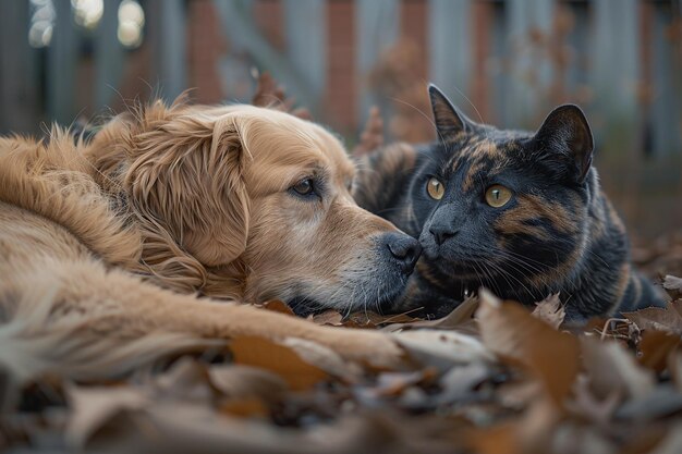 Foto un perro y un gato están acostados juntos uno de los cuales es un perro y el otro es un gato