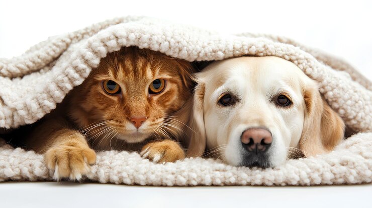 un perro y un gato están acostados bajo una manta