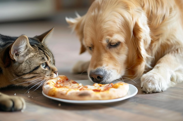 Un perro y un gato están acostados en una mesa con una pizza delante de ellos