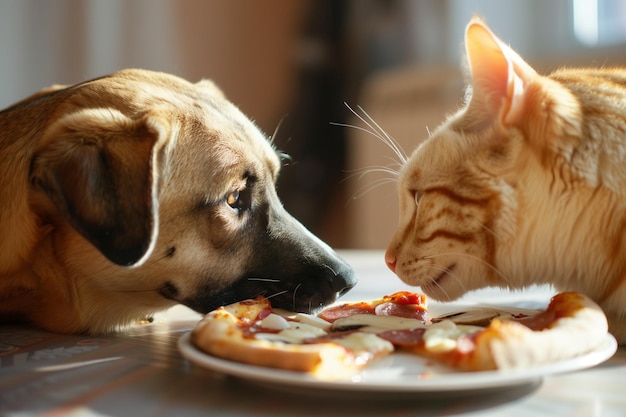 Un perro y un gato están acostados en una mesa con una pizza delante de ellos