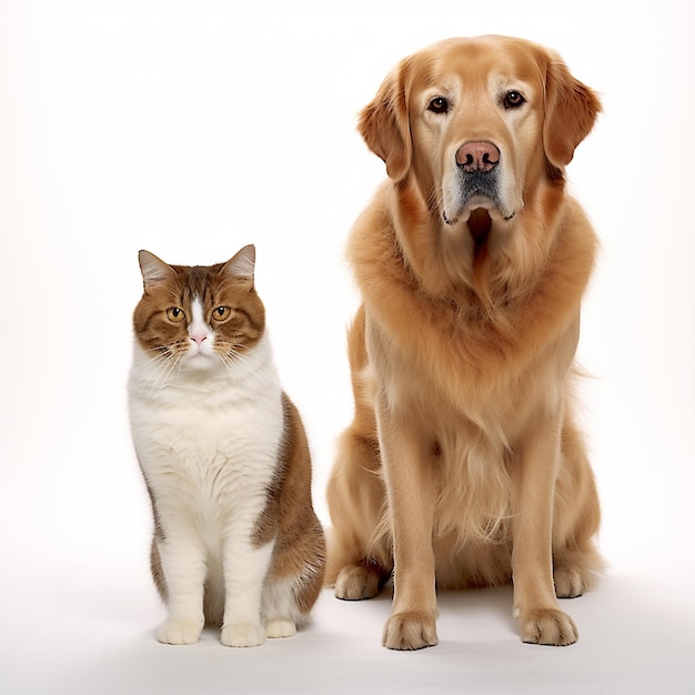 Un perro y un gato están sentados cerca.