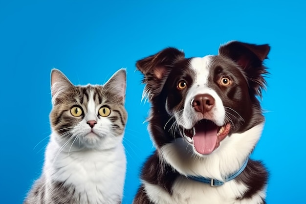 Un perro y un gato están sentados juntos frente a un fondo azul.