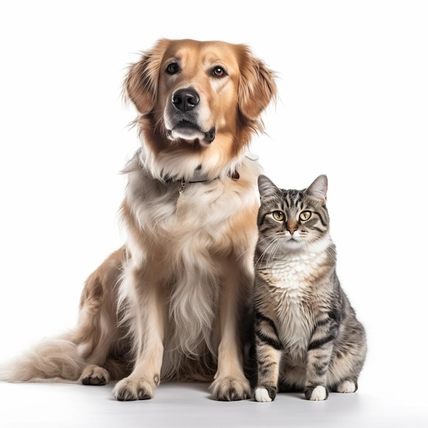 Un perro y un gato están sentados juntos sobre un fondo blanco.