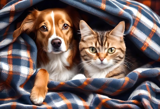 Foto un perro y un gato están sentados en una manta