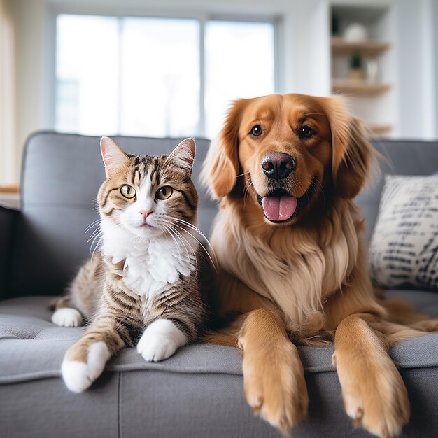 un perro y un gato están sentados en un sofá