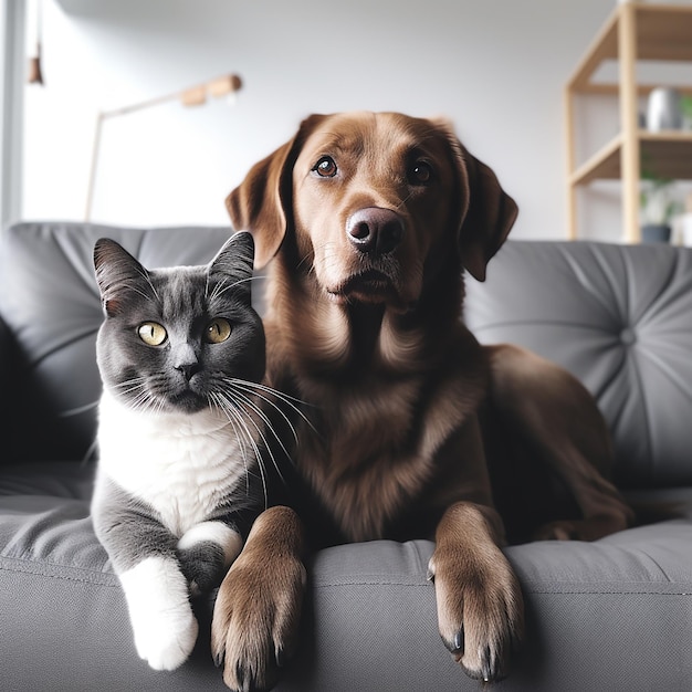 un perro y un gato están sentados en un sofá