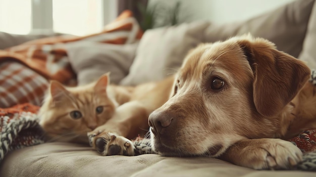 Un perro y un gato están tendidos juntos en un sofá el perro está mirando por la ventana mientras el gato está mirando al perro