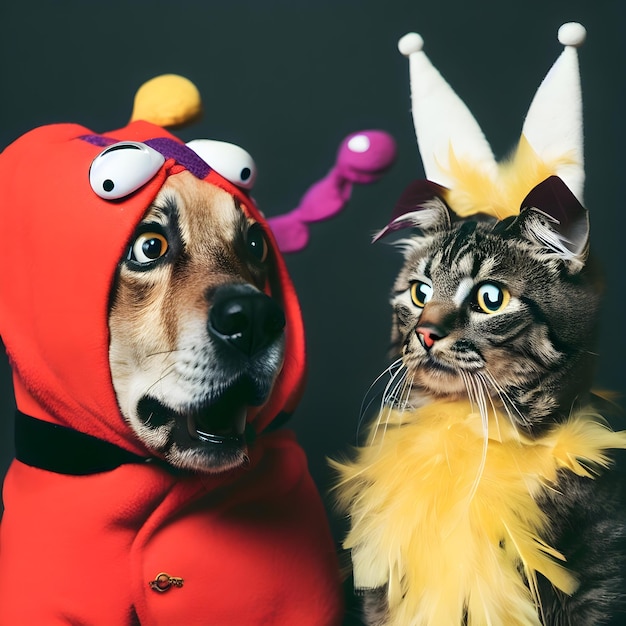 Foto un perro y un gato están vestidos como un disfraz.