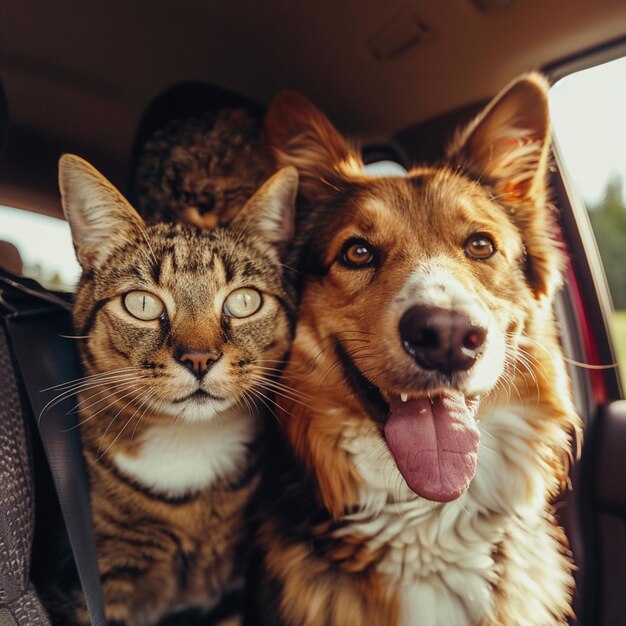Perro y gato felices juntos en un viaje de vocación de verano en coche