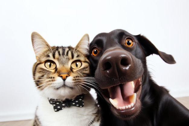 Foto perro y gato felices juntos