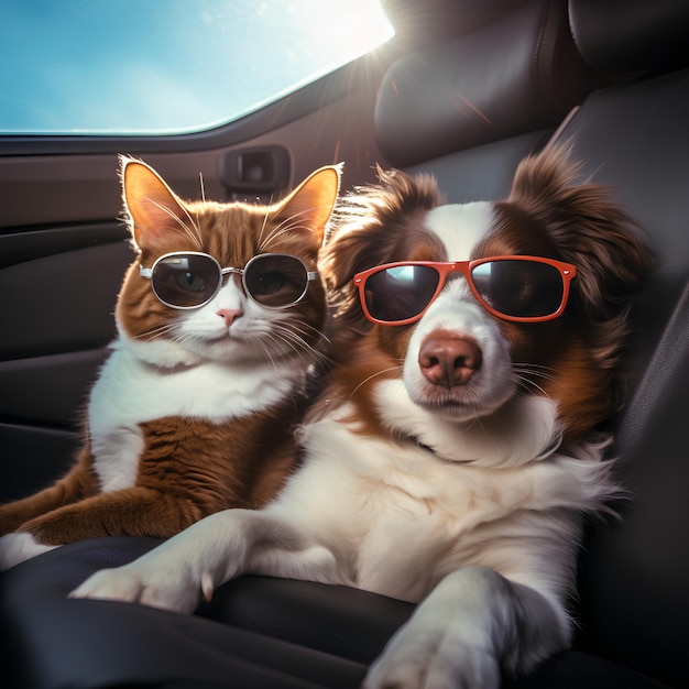 perro y gato con gafas de sol en el coche