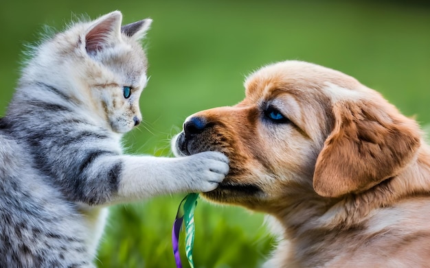 un perro y un gato juegan con un perro.