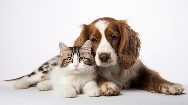 Perro y gato juntos mascota en fondo blanco