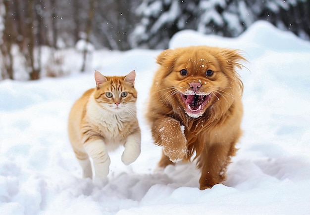 perro y gato juntos en la nieve en el parque generados por ai