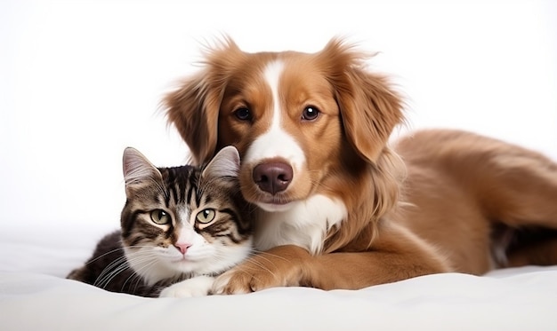 Perro y gato lindos acostados en la cama con fondo blanco