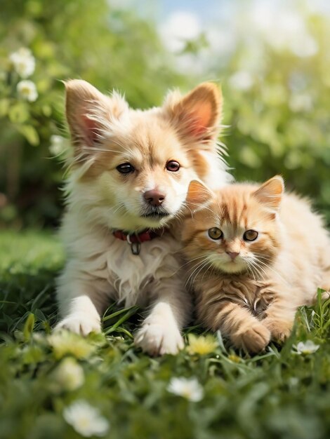 Perro y gato lindos acostados juntos en un campo de hierba verde naturaleza en un fondo soleado de primavera
