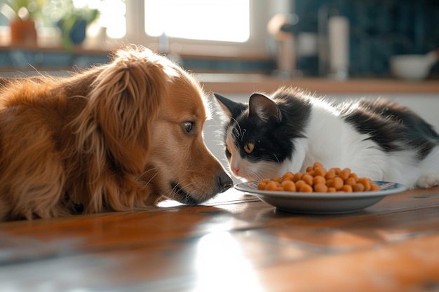 Perro y gato lindos con un cuenco de sabrosa comida para perros en casa con IA generada