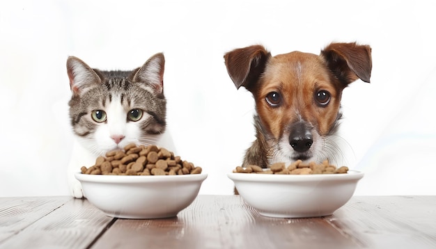 Perro y gato lindos con cuencos de comida en fondo blanco Banner para el diseño