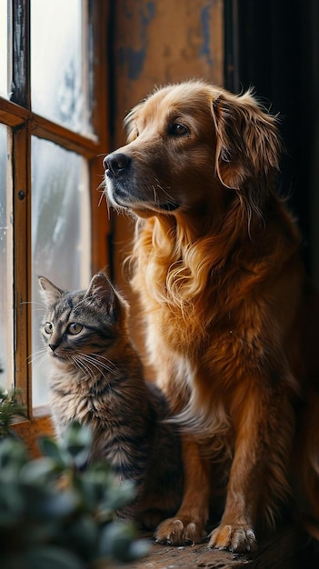 un perro y un gato mirando por una ventana