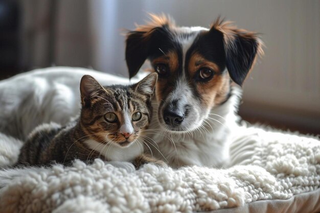 un perro y un gato recostados sobre una manta