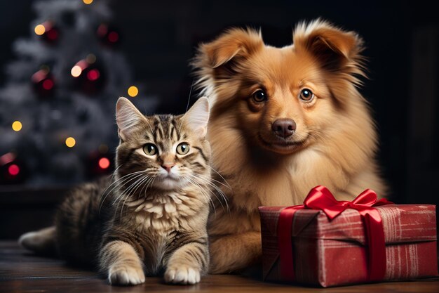 Un perro y un gato sentados junto a un árbol de Navidad IA generativa celebración navideña de Navidad