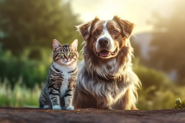 Un perro y un gato sentados juntos frente a una puesta de sol.