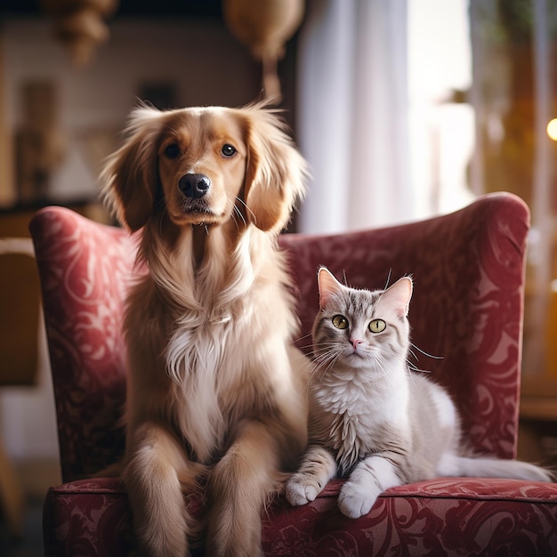 un perro y un gato sentados en una silla con un perro