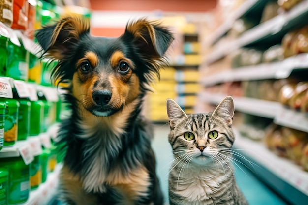 Foto un perro y un gato se sientan en una tienda de mascotas.