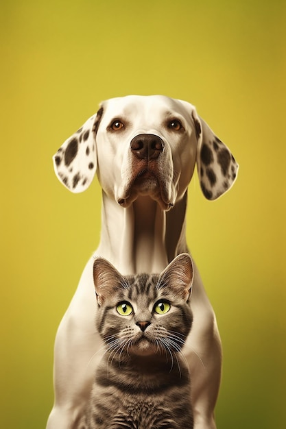 Un perro y un gato sobre fondo amarillo.