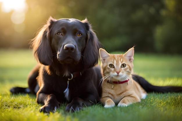 Un perro y un gato tirados en el pasto