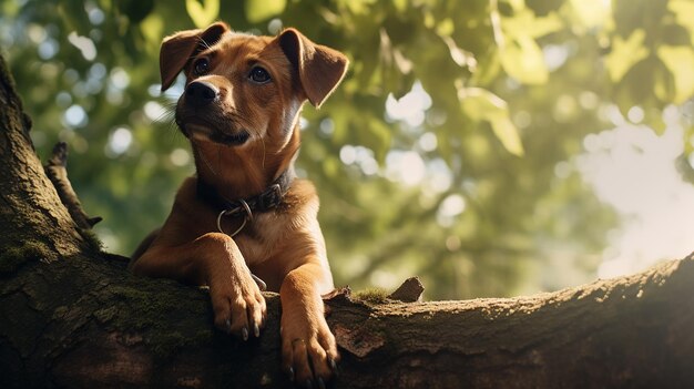 El perro generado por la IA está de pie en la imagen del árbol