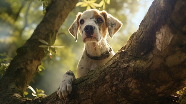 El perro generado por la IA está de pie en la imagen del árbol