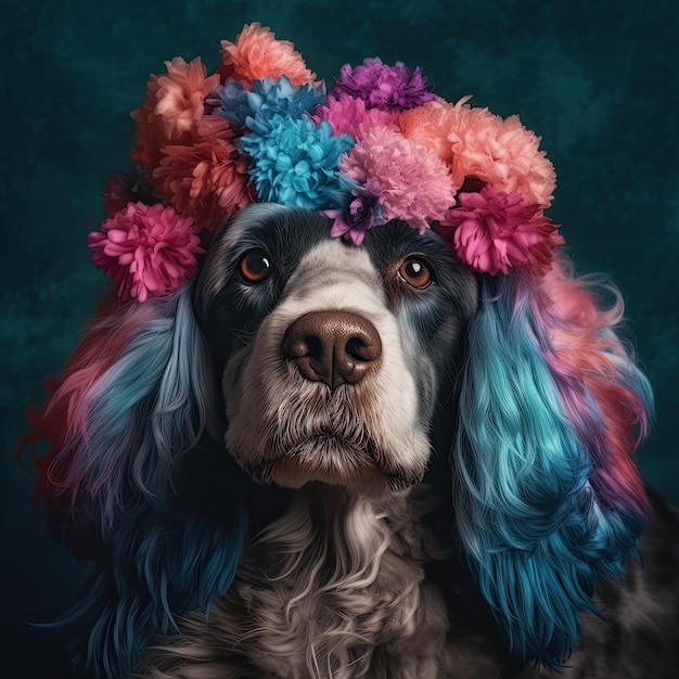 Perro genial con peluca de colores y flores sobre un fondo de color IA generativa