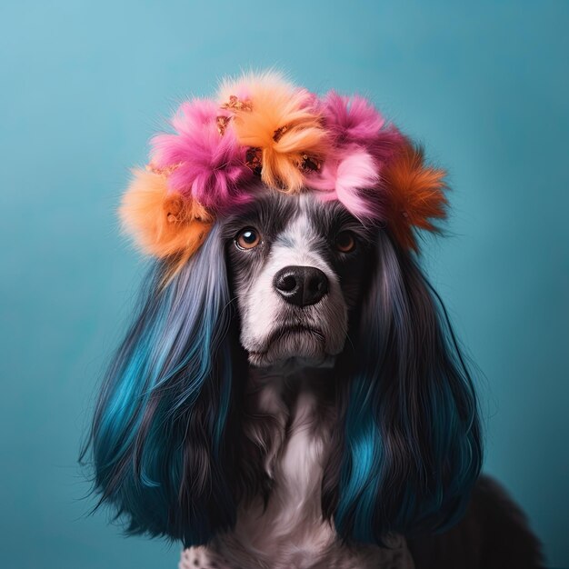 Perro genial con peluca de colores y flores sobre un fondo de color IA generativa