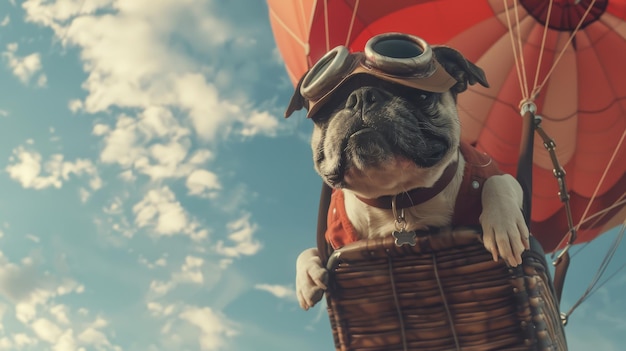 Perro en globo de aire caliente volando en el cielo