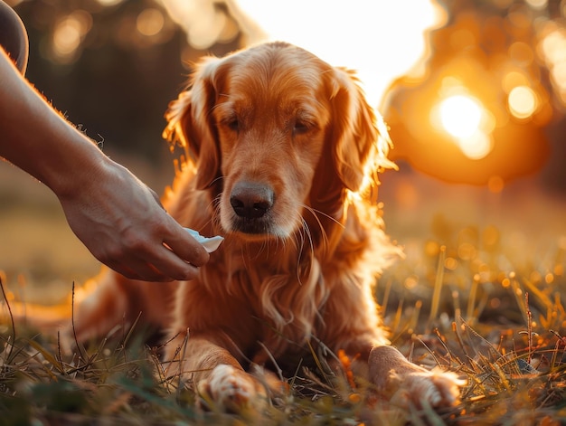 Perro golden retriever acostado en la hierba al atardecer