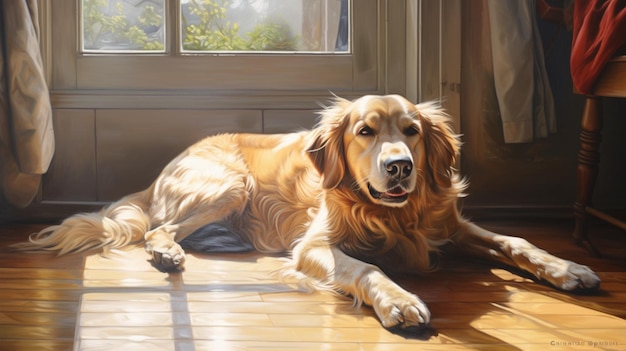 Perro golden retriever acostado en la sala de estar imagen Arte generado por IA