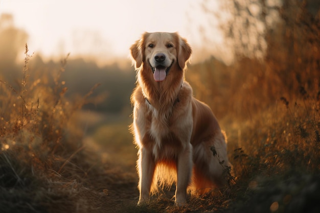 Un perro golden retriever se para al sol